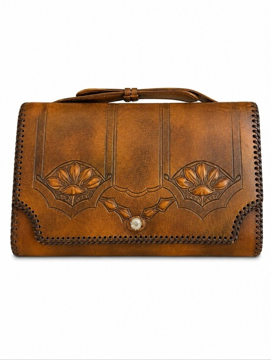 Antique Handbags - Antique Art Nouveau Tooled Floral Leather Expandable Wallet Clutch Bag